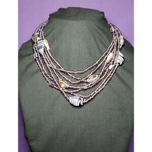 Multilayered Purple Glass Beaded Necklace, Seed Beads, Swirled Art Glass, Shell